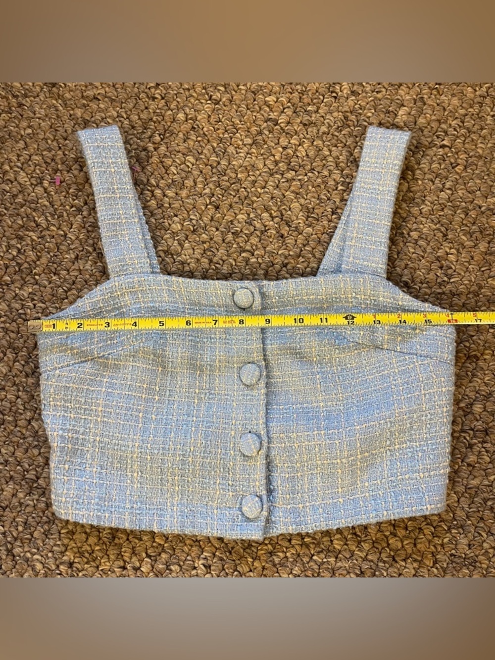 JASON WU Tweed Cropped Top Light Blue Button Front Tank Square Neck Preppy | 2 - Picture 9 of 10